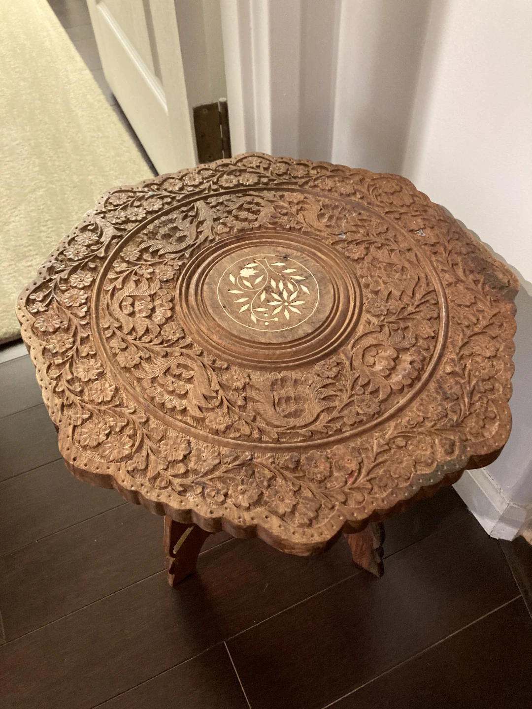Hand-Carved Wooden Folding Side Table