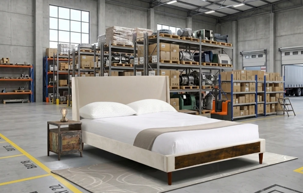 Upholstered Queen Bed Frame with Wood Accent
