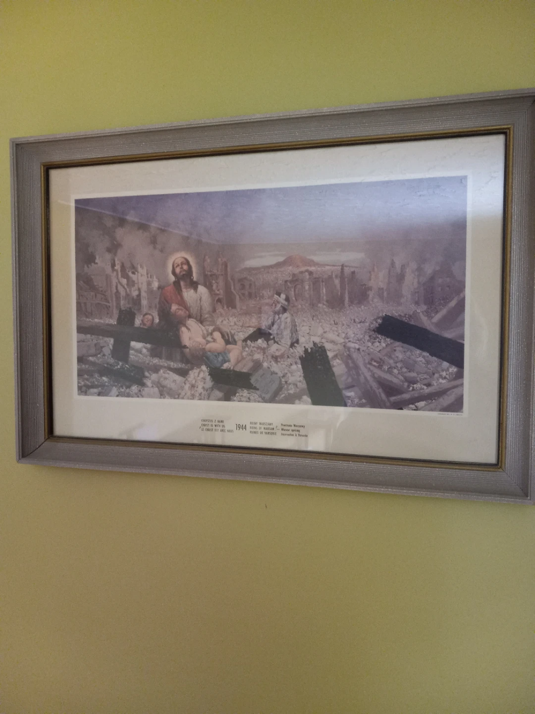 Framed wall hanging "Christ is with us 1944 Ruins of Warsaw"