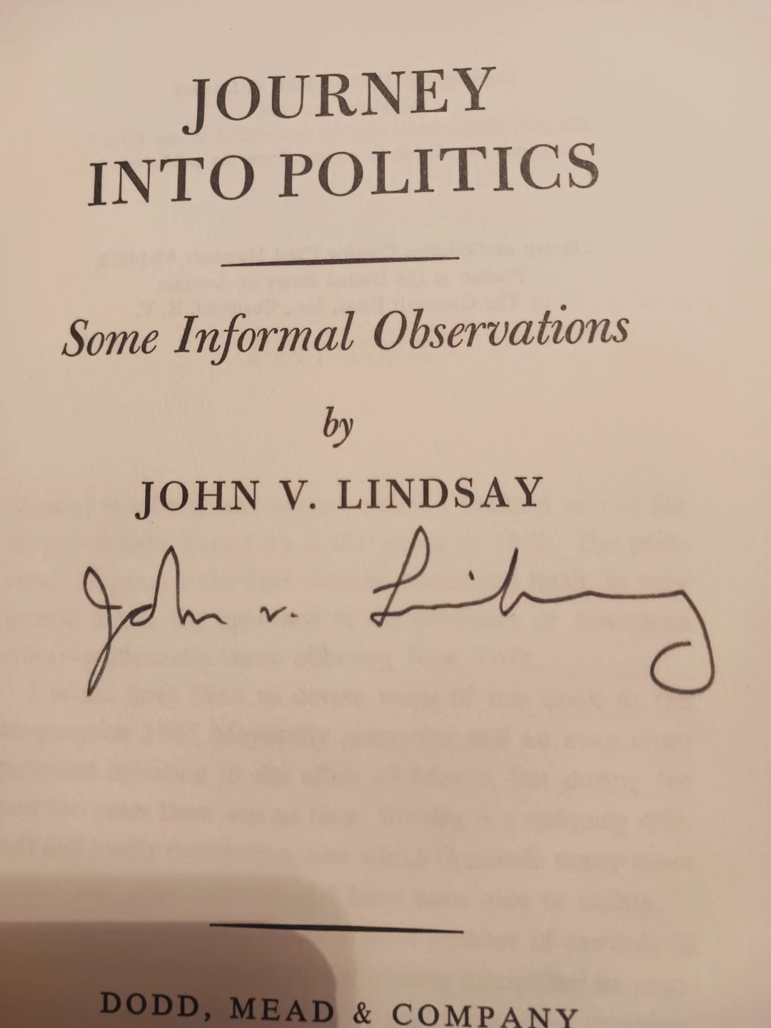 Authentic Signed "Journey into Politics" by John V. Lindsay - photo 2