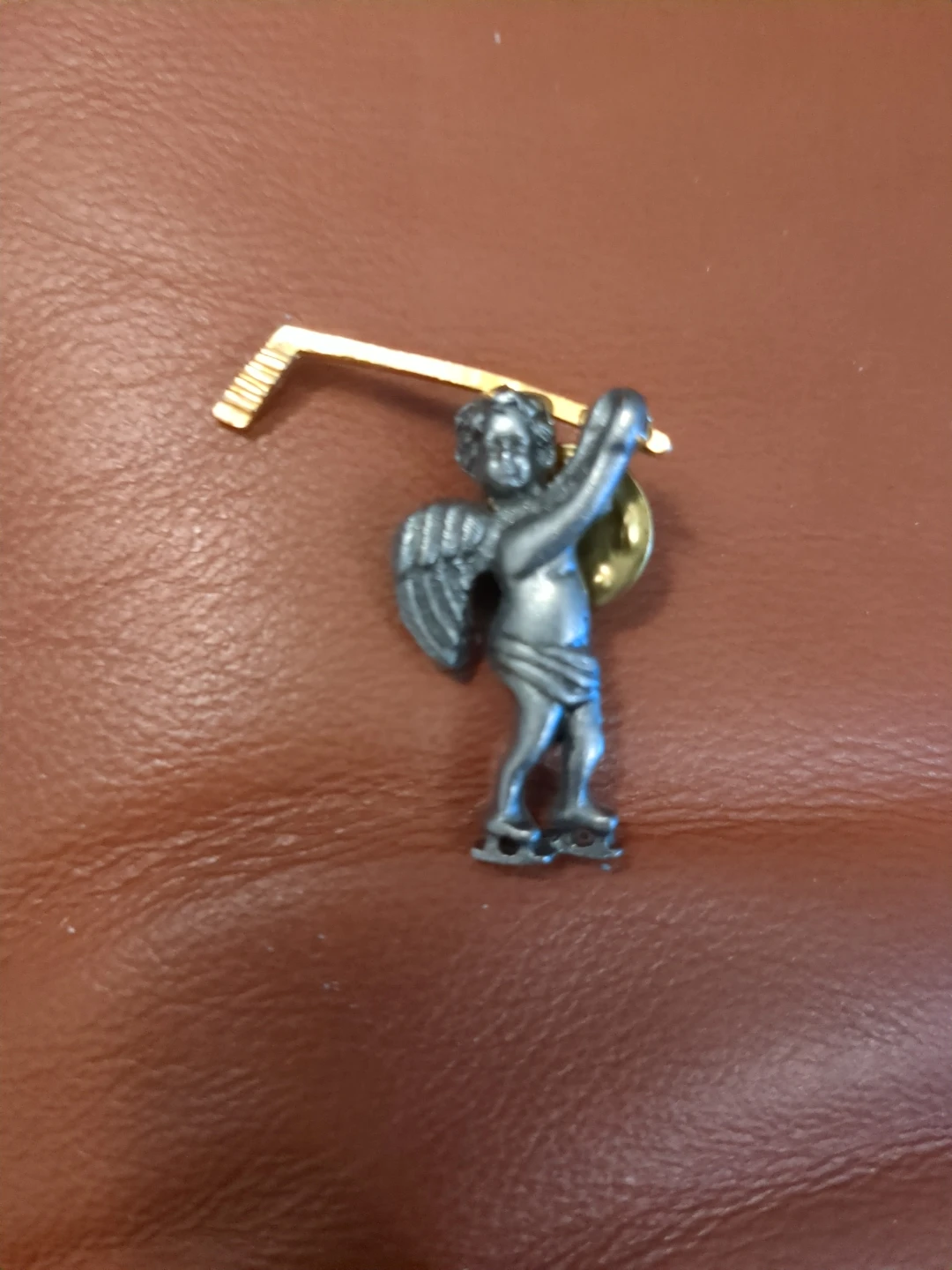 Vintage Pewter Angel with Gold Tone Hockey Stick Lapel Pin - photo 2