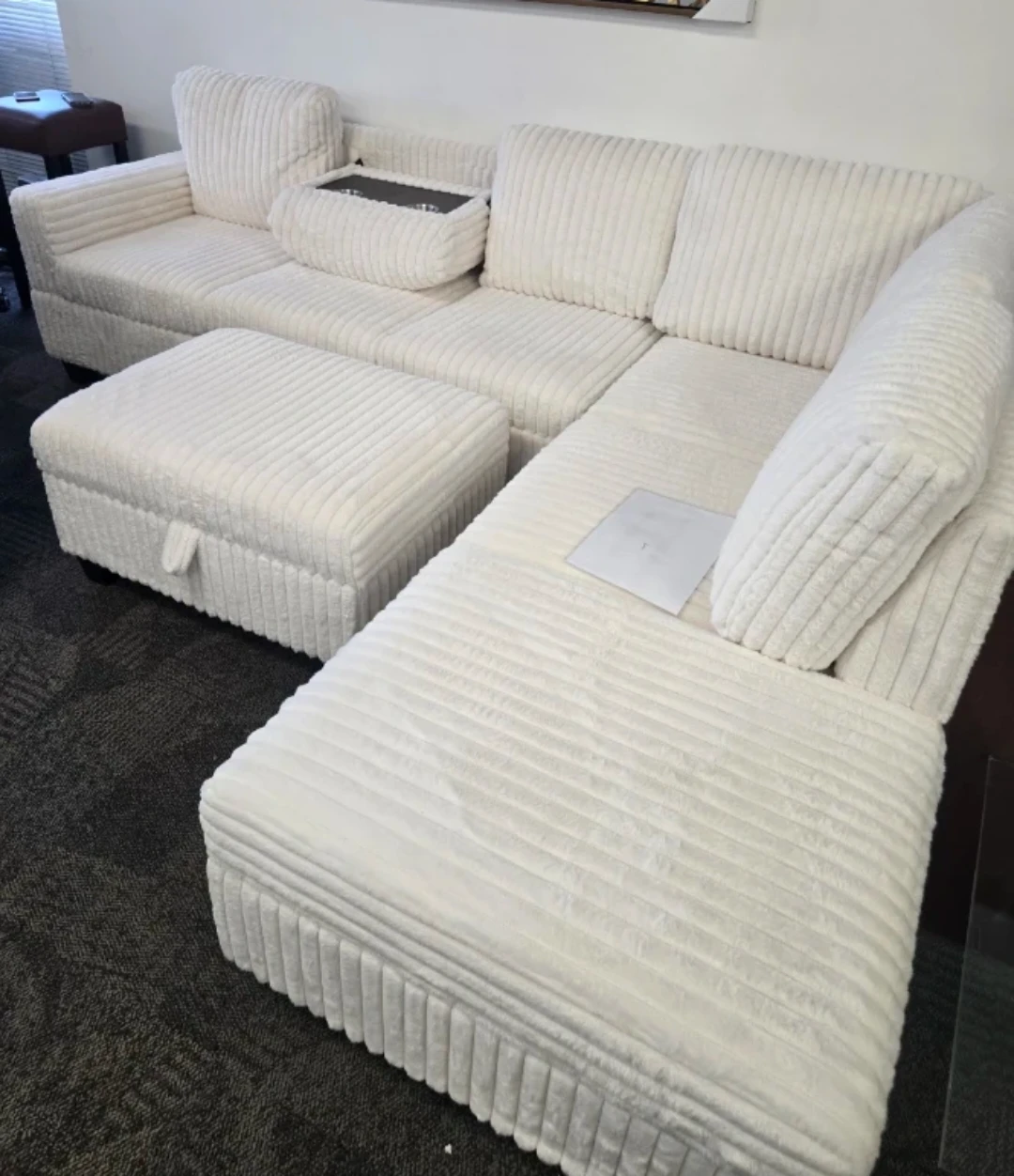 White Corduroy Sectional Sofa with ottoman - photo 2