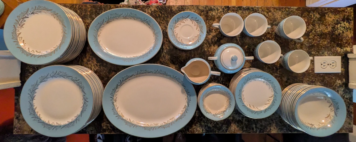 73 Piece Blue Riband Washington Pottery  Dinnerware Set