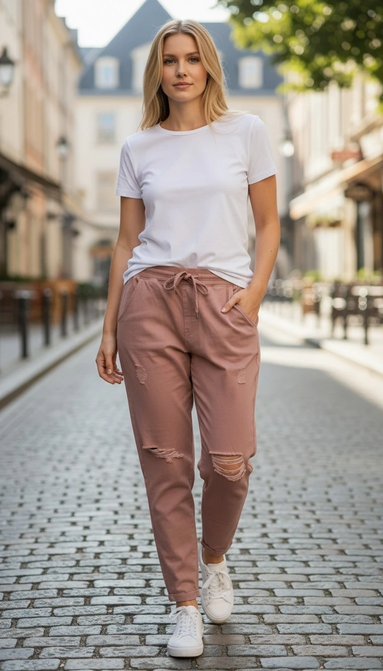 Pink Distressed Jogger Pants