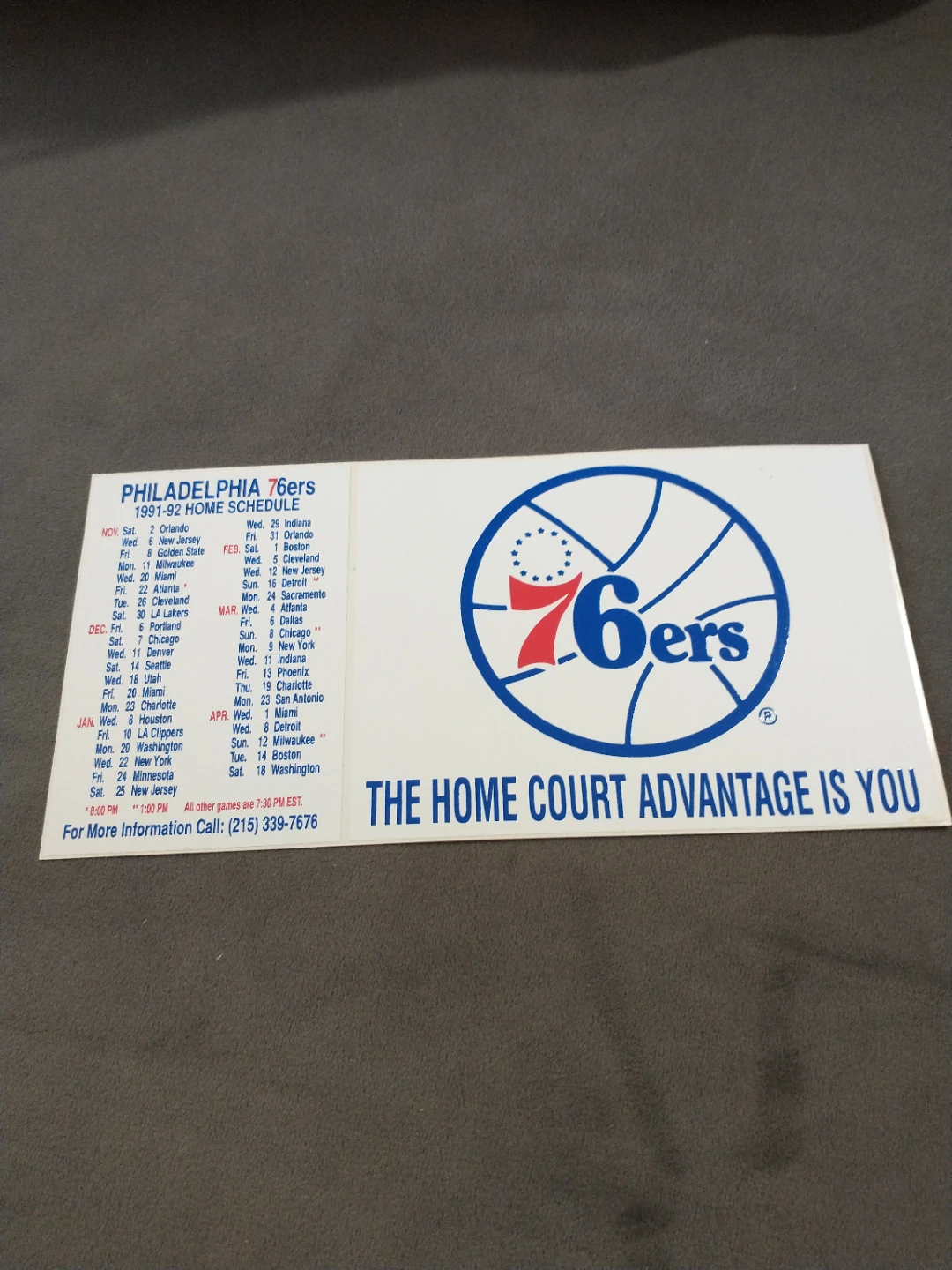 NBA Philadelphia 76ers 1991-92 Home Schedule Sticker