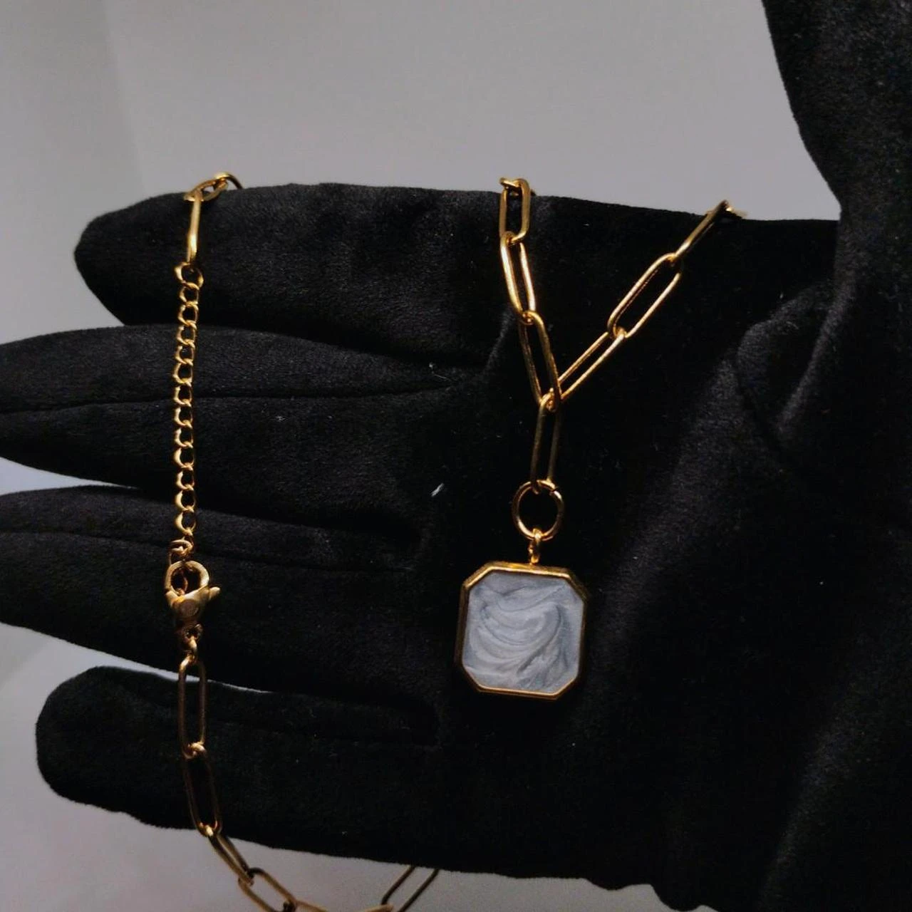 Black Gray Boho Pendant & Paperclip Necklace In Stainless