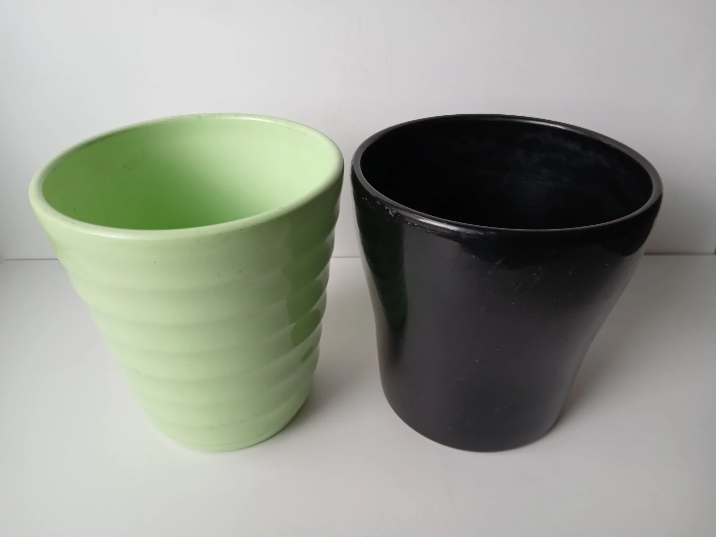 Two Ceramic Planters - Black and Light Green. $6 EACH.