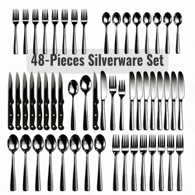 NEW In Box 48-Piece Black Mirror Polish Silverware Set