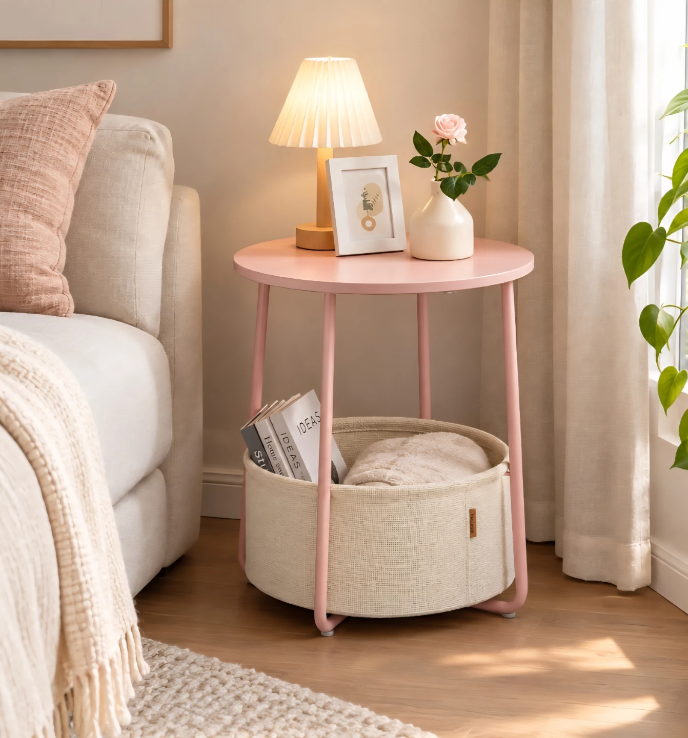Pink Round Side Table with Storage Basket