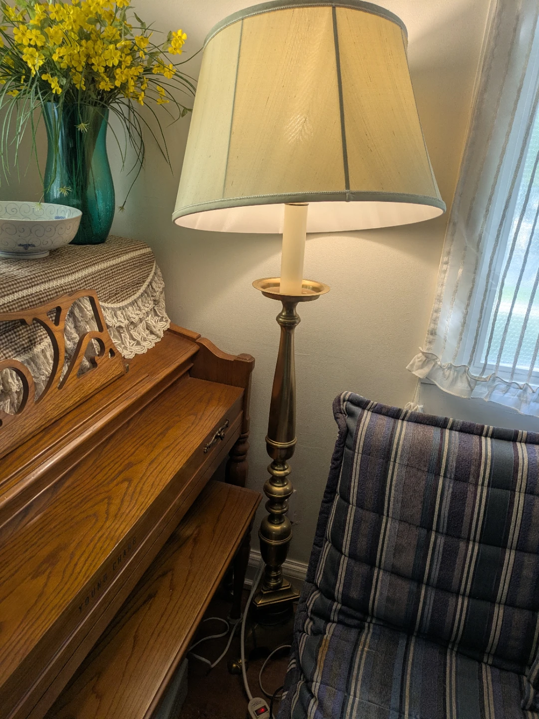 Vintage Brass Floor Lamp with Fabric Shade
