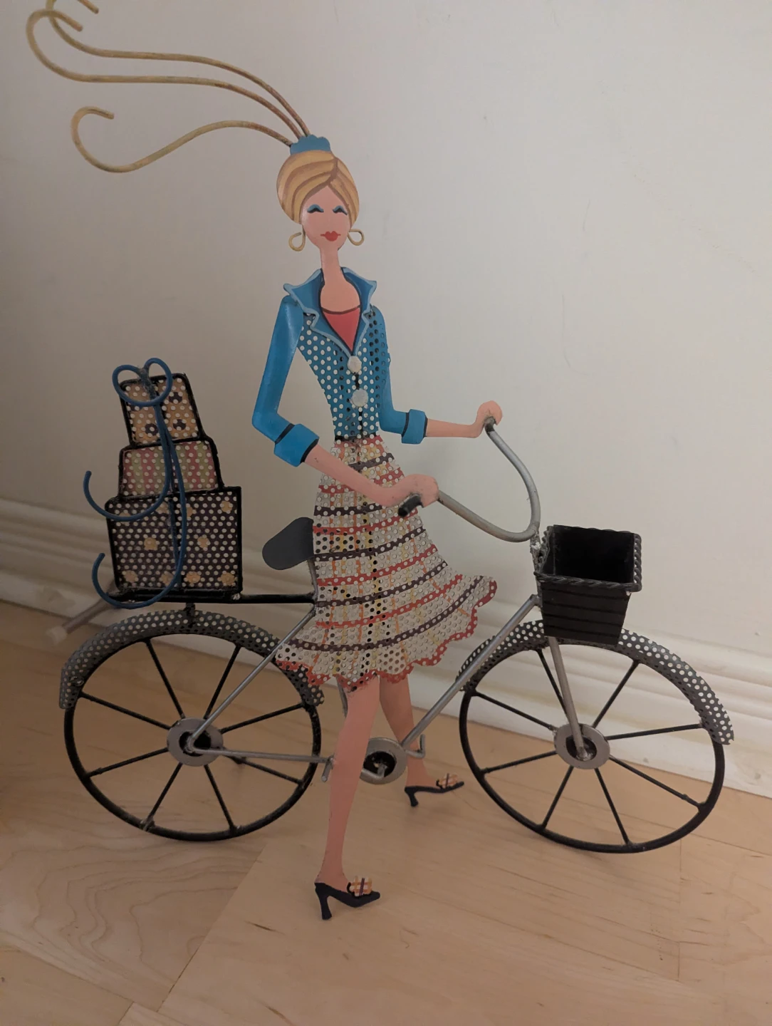 Decorative Metal Lady with Bicycle Figurine