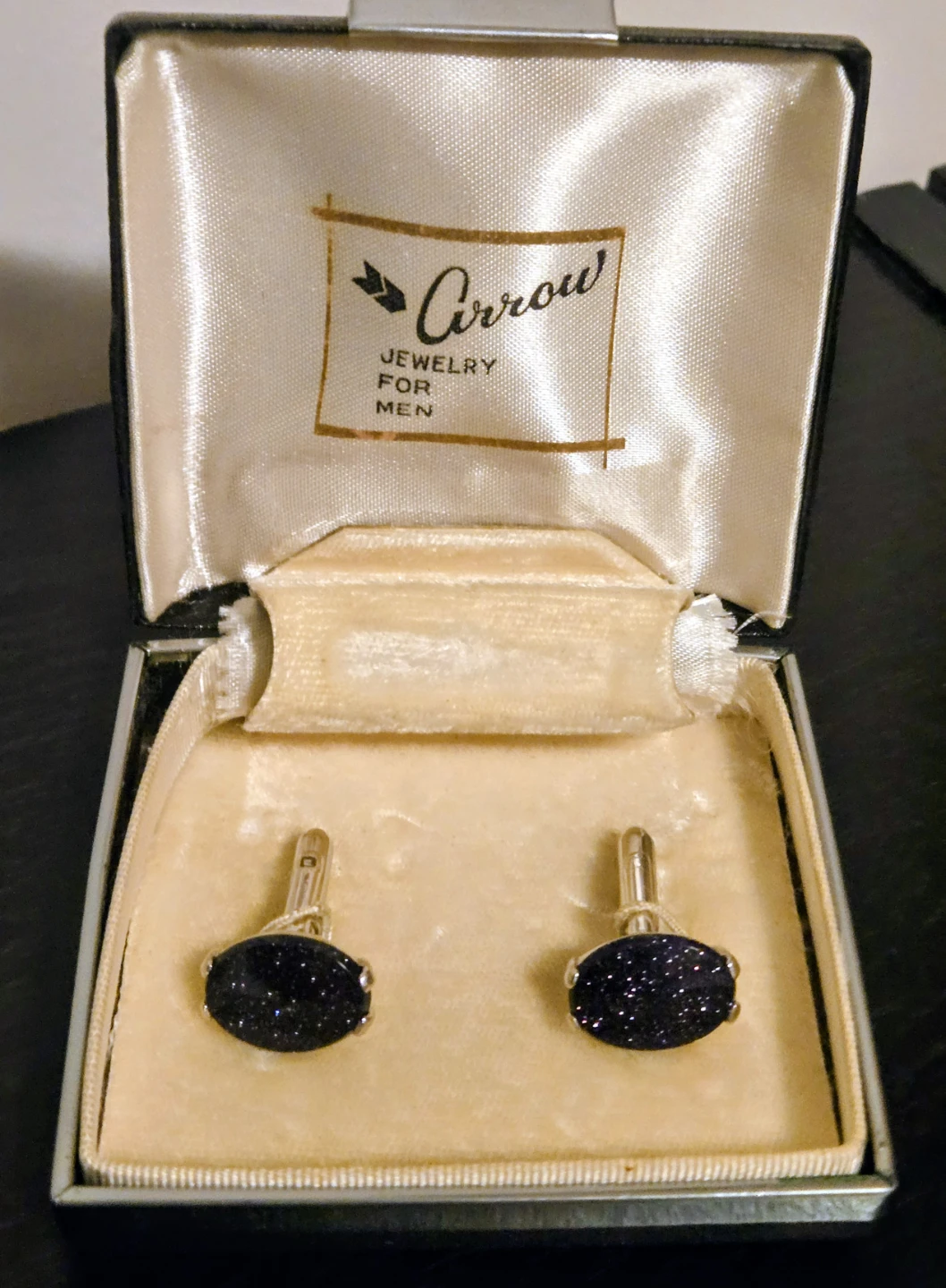 Vintage 1950's "Arrow" Blue Goldstone Cufflinks, Original Box - photo 4