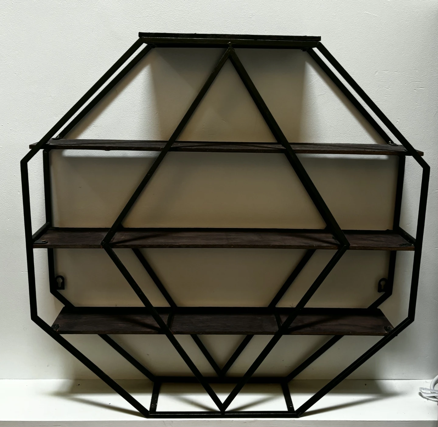 Geometric Octagon Green Metal and Dark Brown Wood Wall Shelf