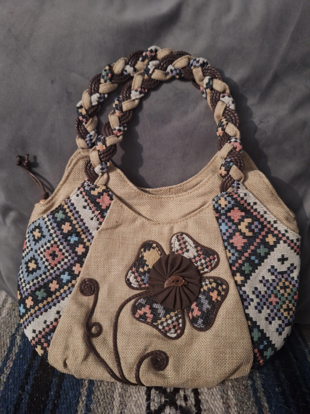 NEW Beige Burlap Flower Pattern Handbag