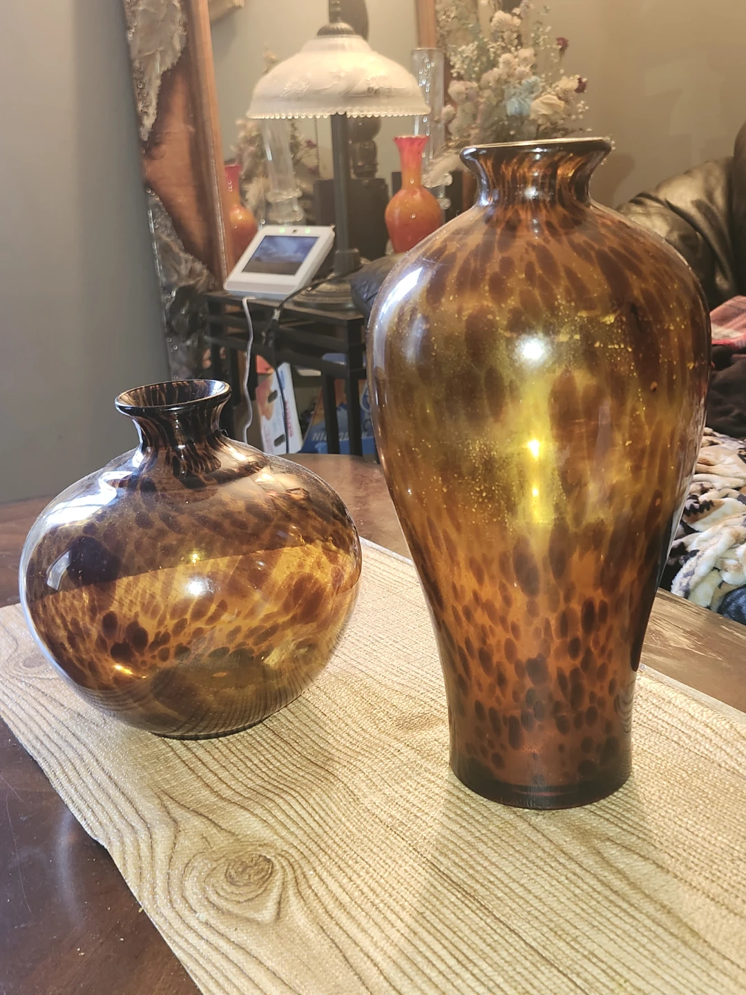 Amber Mottled Glass Vases Set of 2