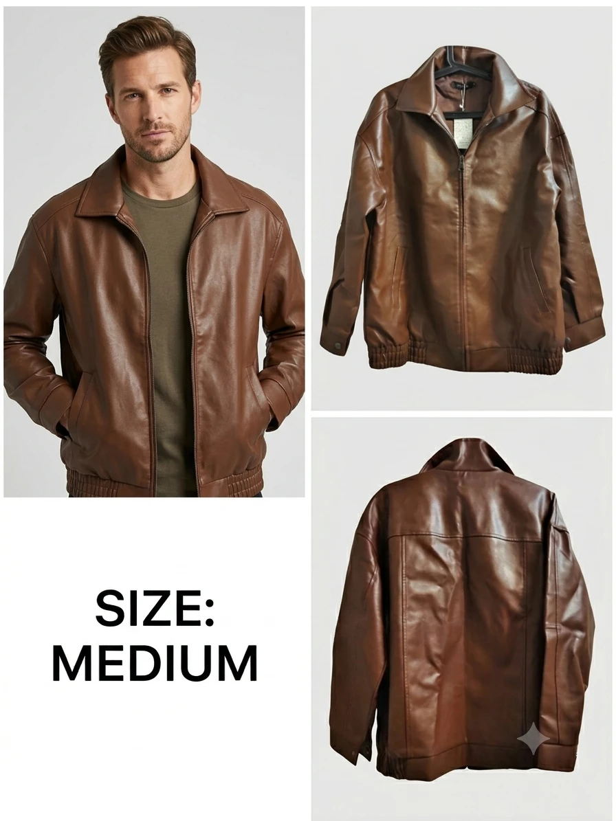 Men’s Brown Faux-Leather Jacket – Size Medium