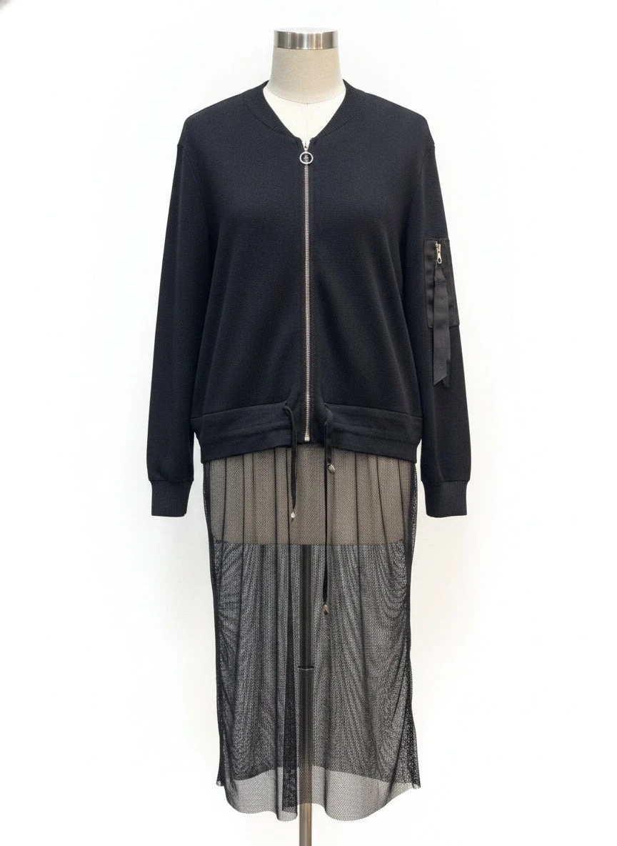 Lili Sidonio Zip-Up Sweater Dress with Mesh Skirt Overlay
