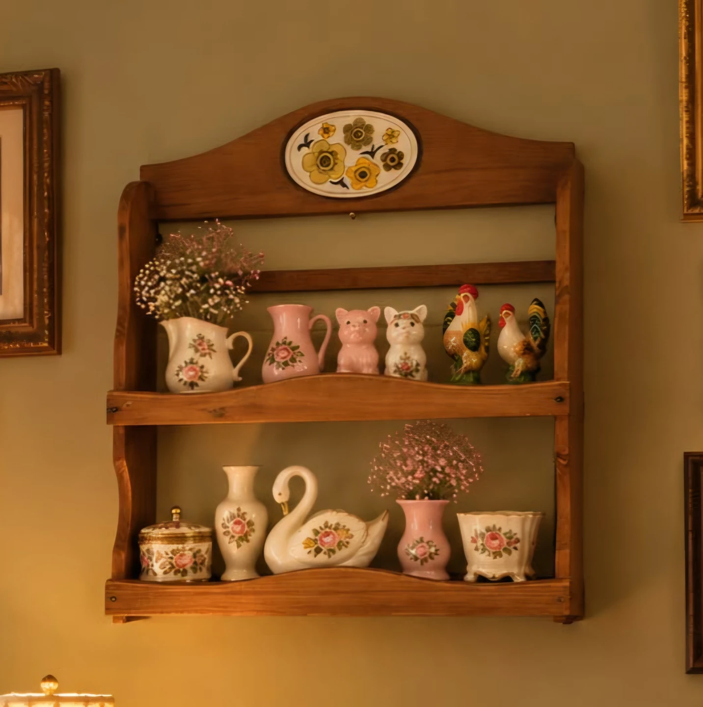 Vintage Wooden Wall Shelf with Floral Accent