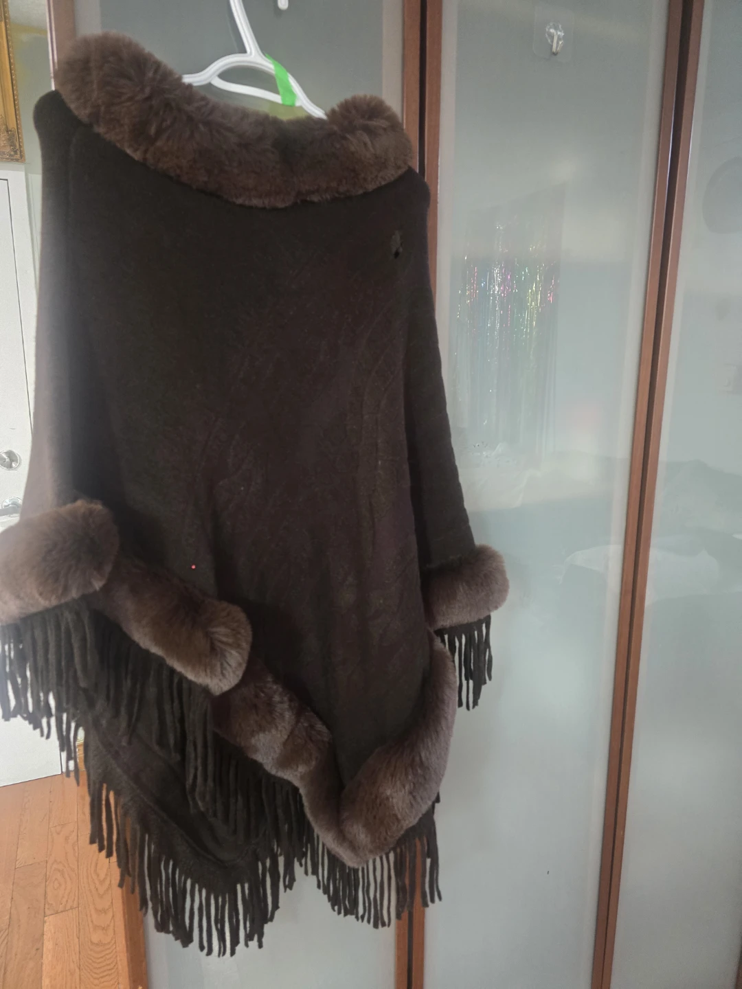 Brown Faux Fur Trimmed Poncho with Pearl Accents - photo 2