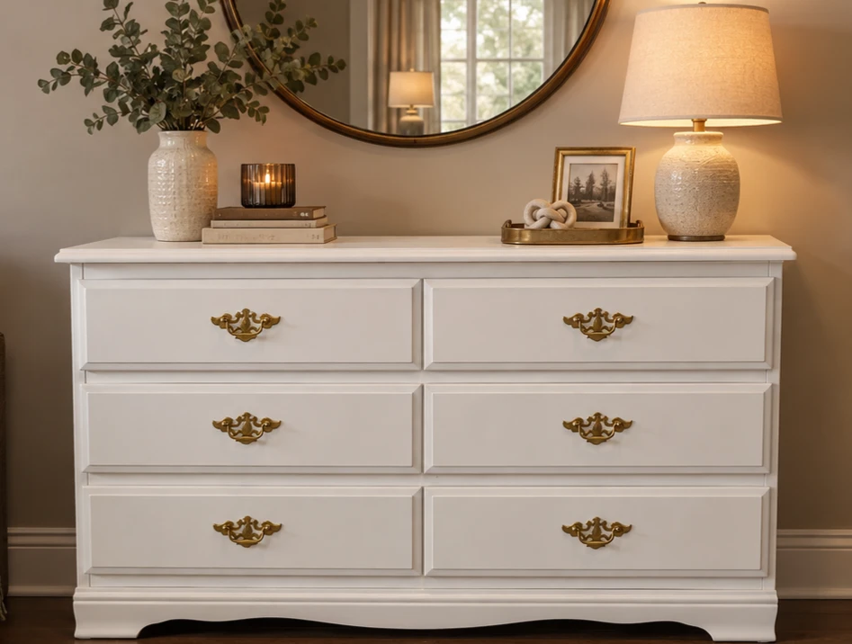 White 6-Drawer Dresser with Gold Hardware