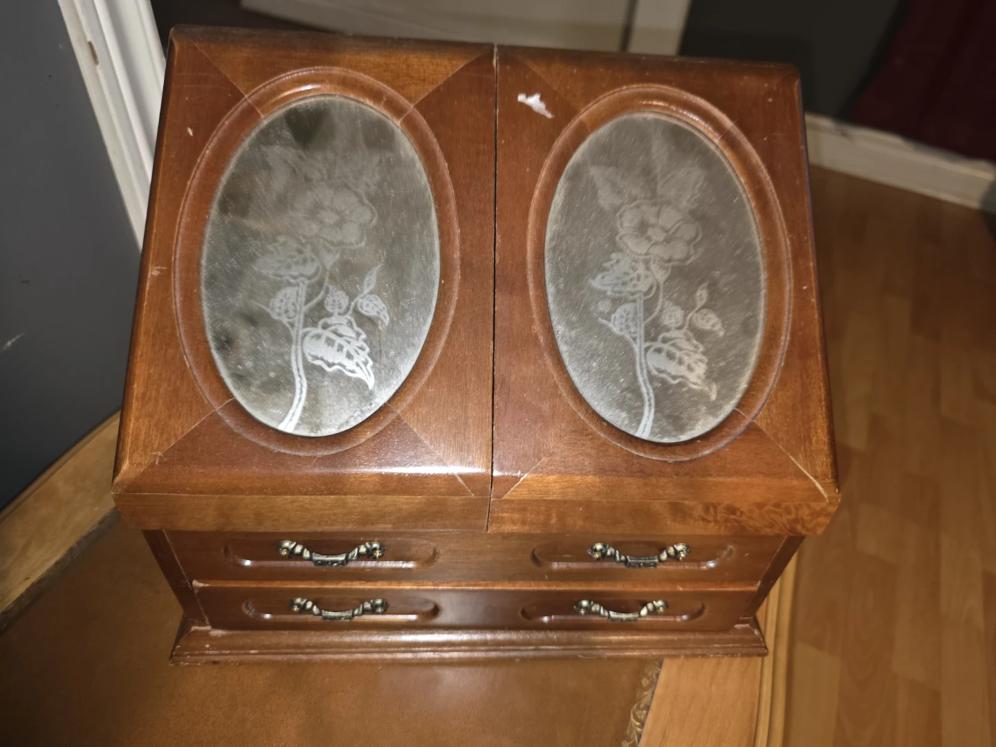 Wooden Jewelry Box with Glass Floral Inserts