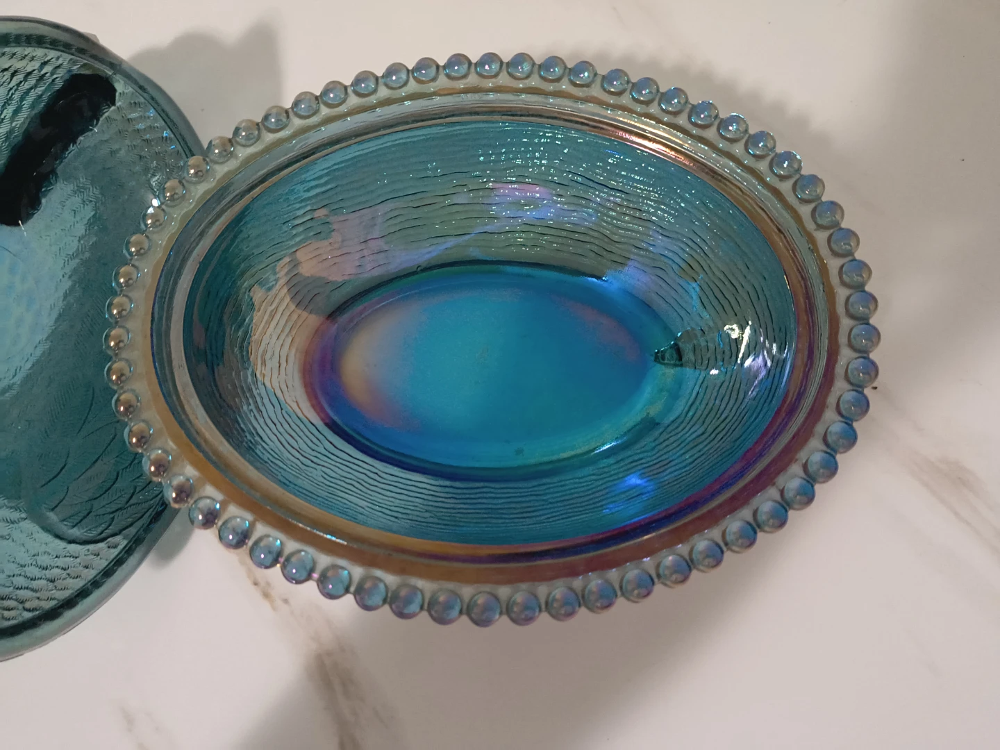 Vintage 7" Indiana Iridescent Blue Glass Hen on Nest Dish - photo 5