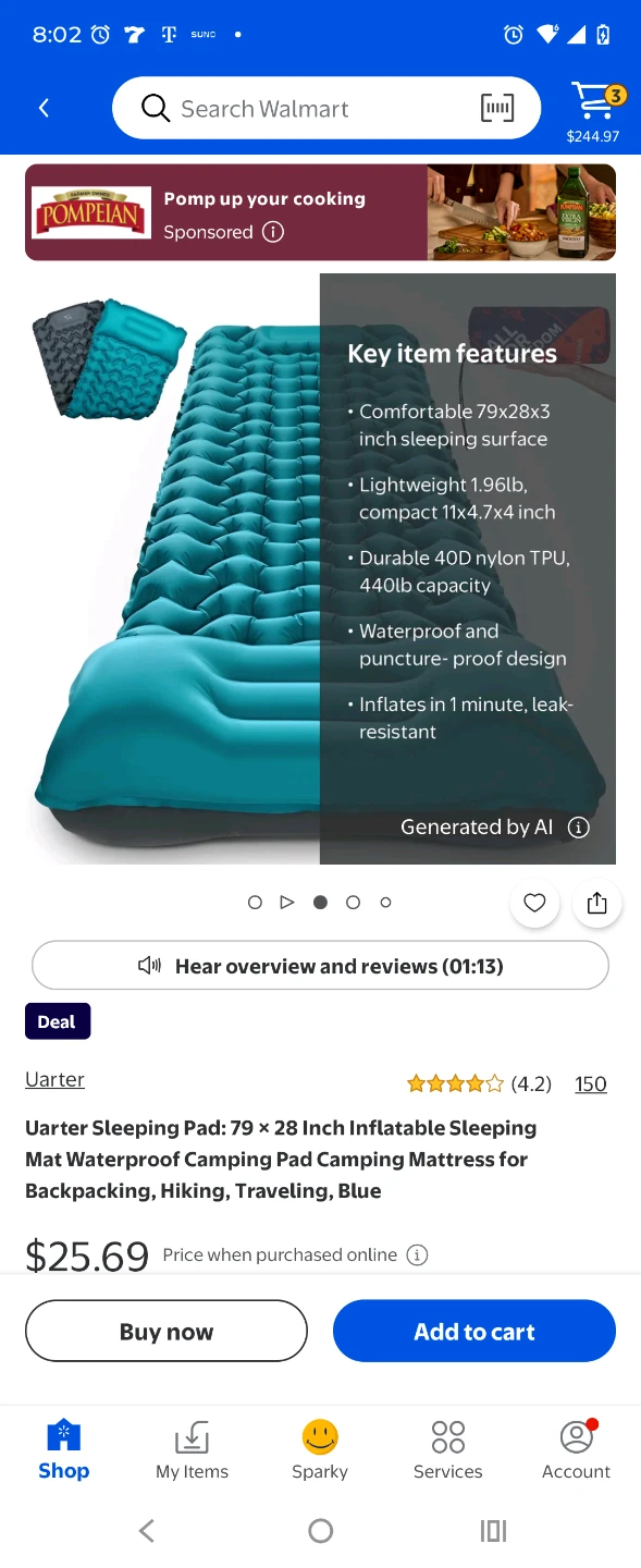 Uarter Inflatable Sleeping Pad Blue