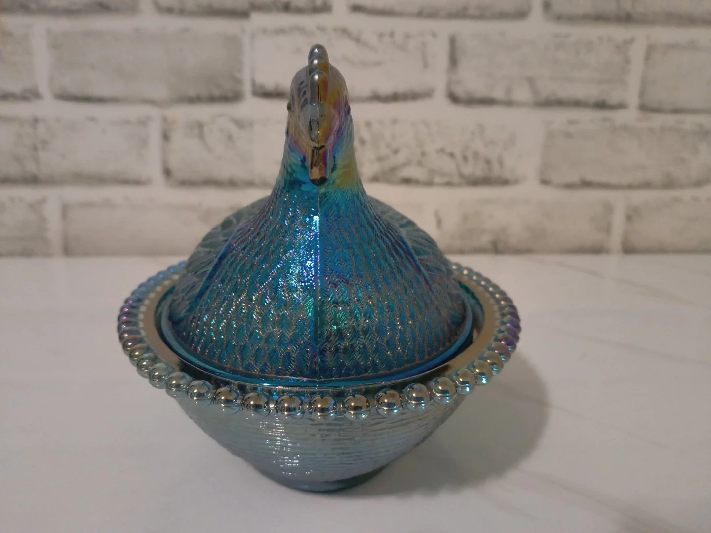 Vintage 7" Indiana Iridescent Blue Glass Hen on Nest Dish - photo 4