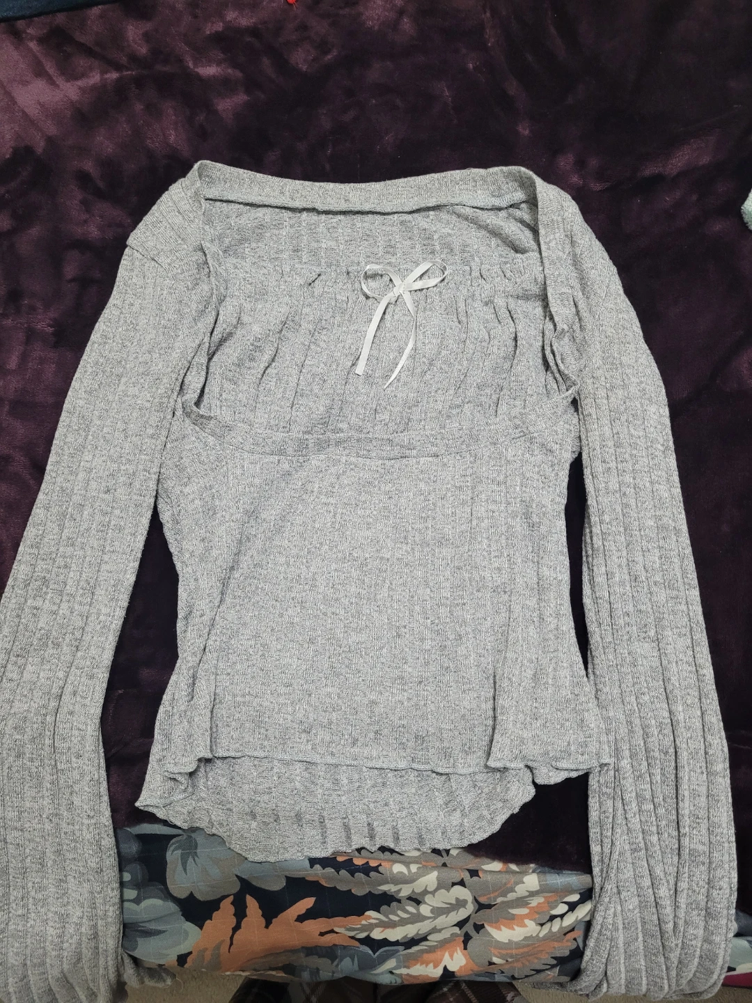 Grey Ribbed Long Sleeve Top with Bow Detail