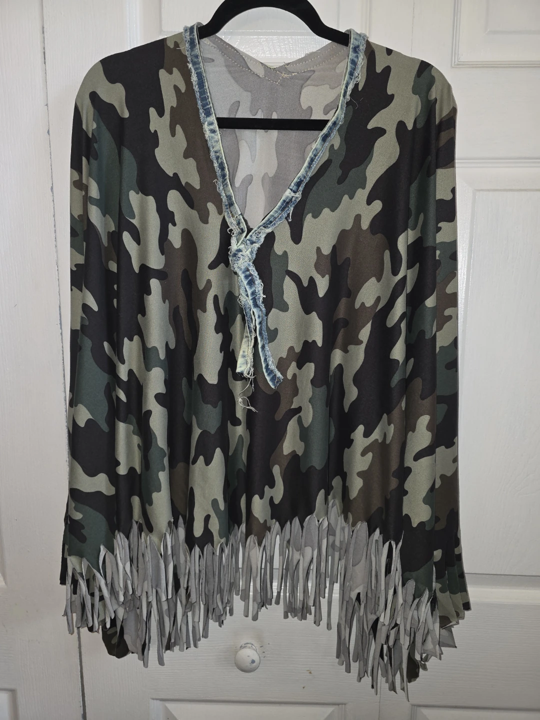 Camo Print Fringe Poncho