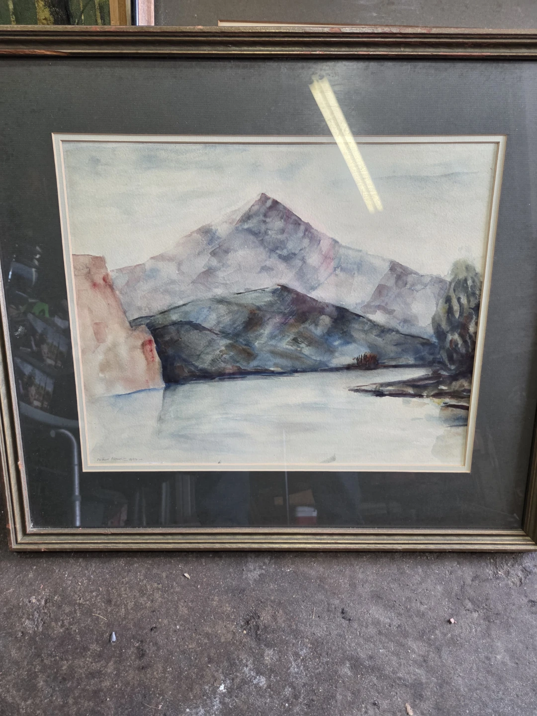 Framed Mountain Landscape Watercolor Painting