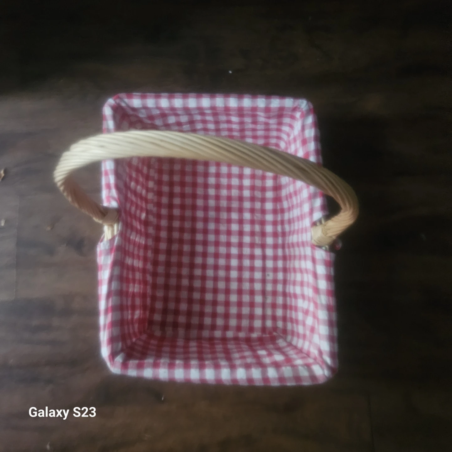 Red and white gingham picnic basket