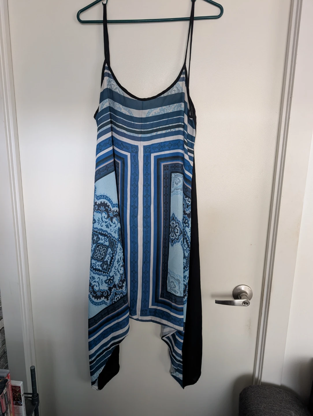 Blue and black patterned spaghetti strap dress