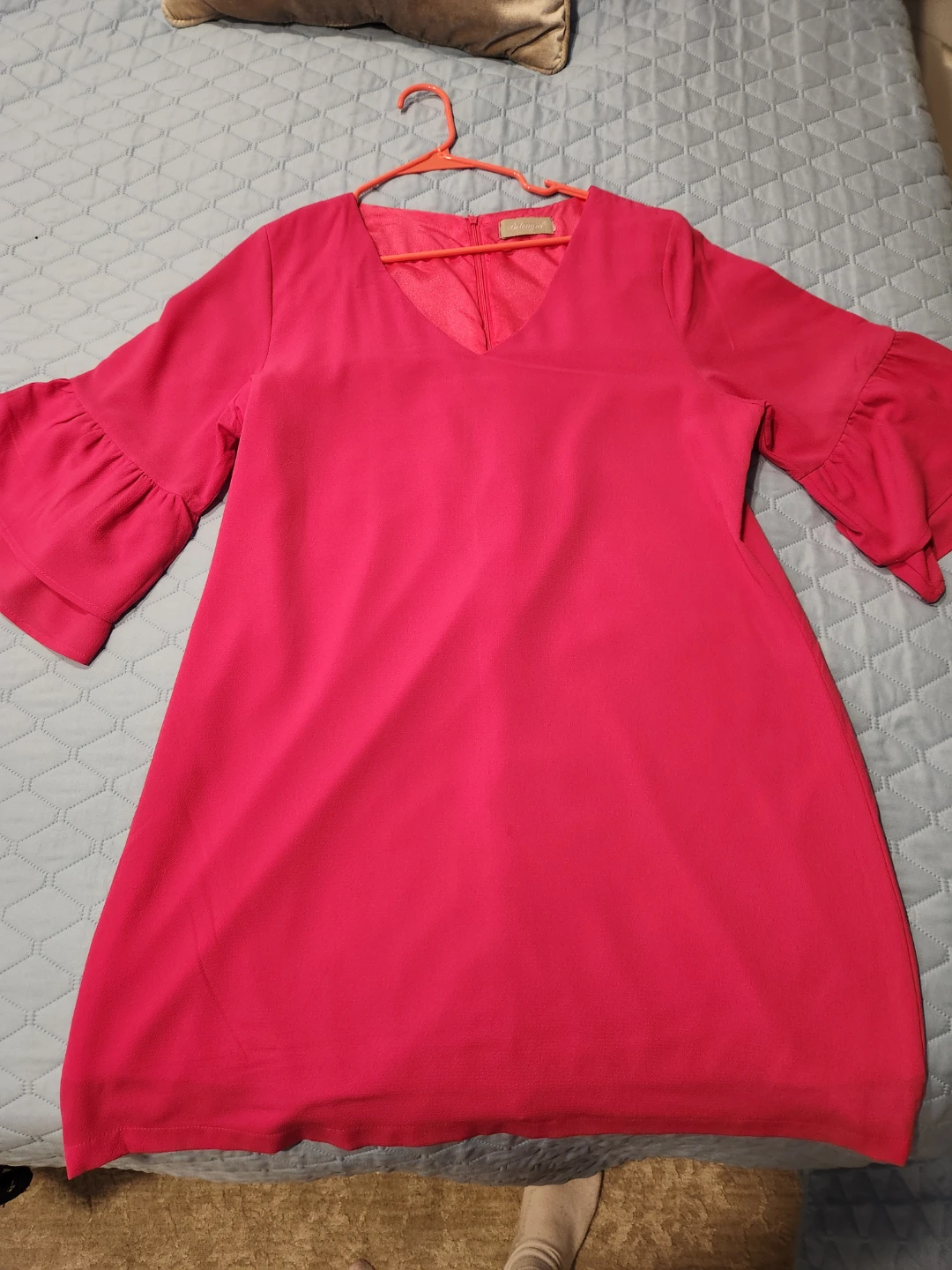 Belongici Hot Pink Bell Sleeve V-Neck Dress
