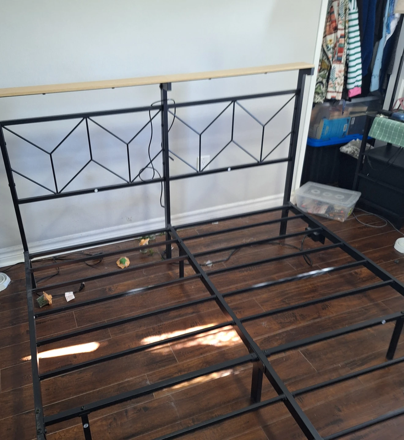 Metal Queen Bed Frame with Wood Shelf Headboard