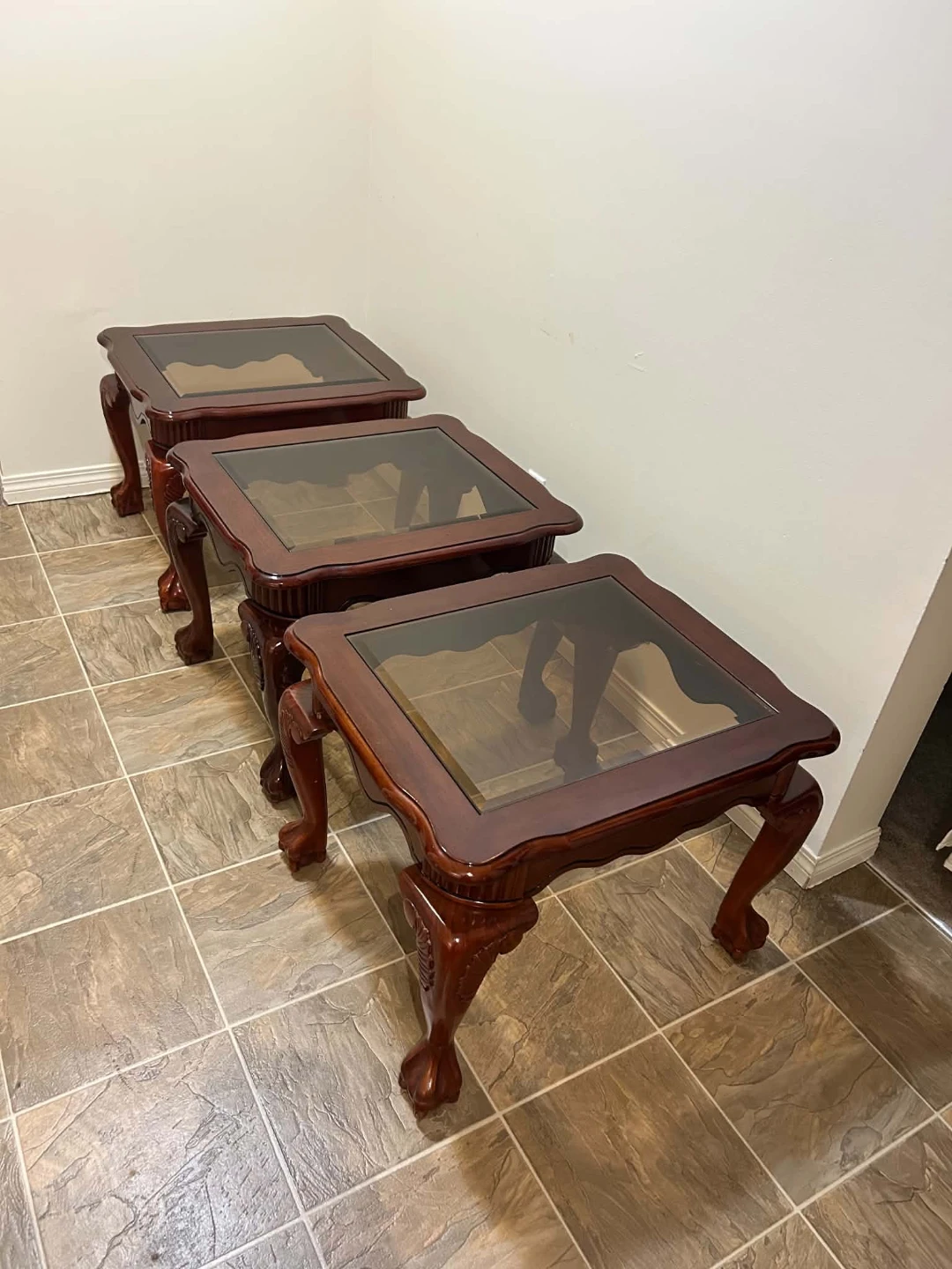 3-piece wooden end tables with glass tops, elegant set - photo 2