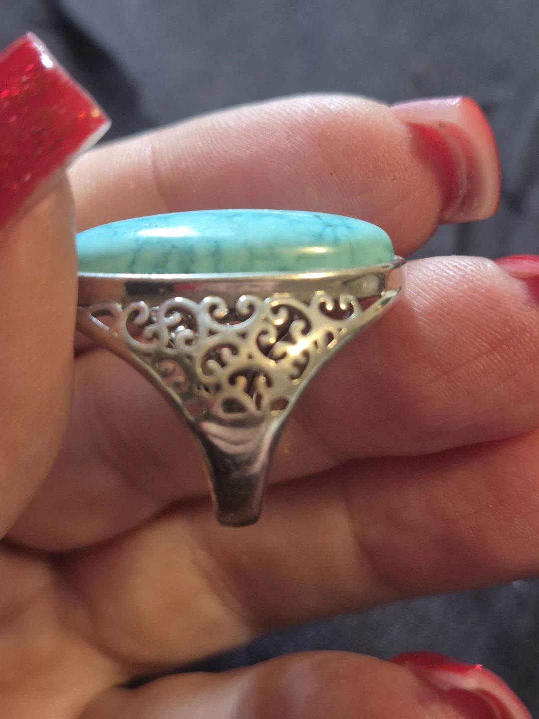 Turquoise oval ring with filigree band - photo 2