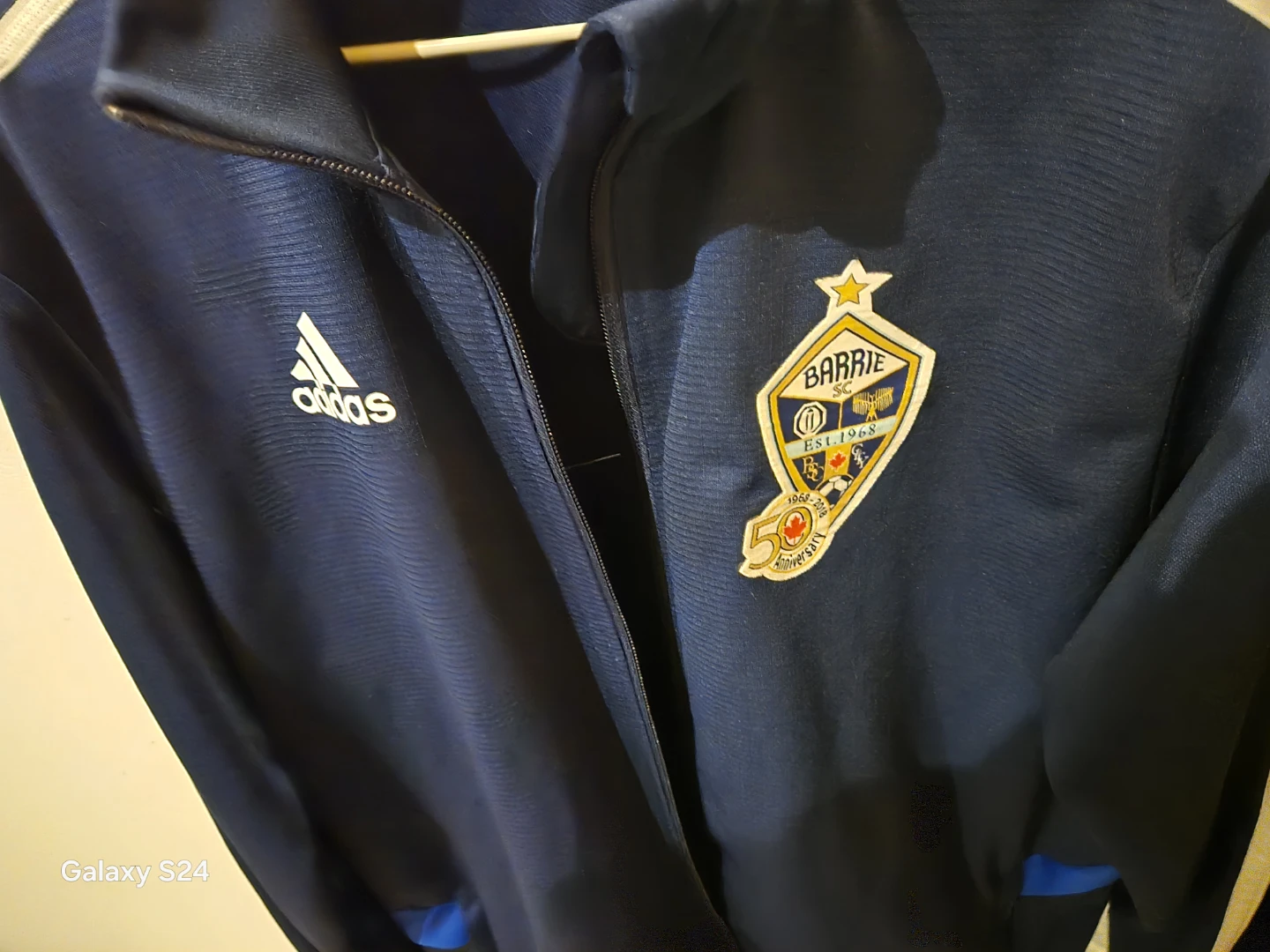 Adidas track jacket in dark blue/white Adidas striping - photo 2