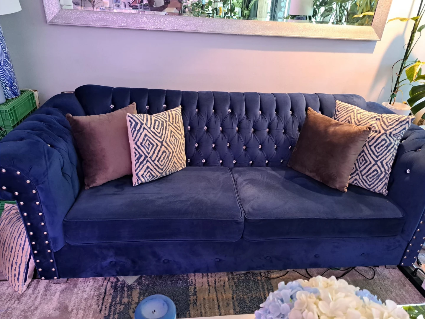 Blue Velvet Tufted Sofa Set - photo 4