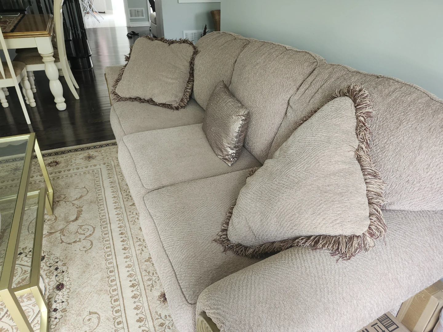 2 Beige Traditional Sofa with Ornate Wood Trim - photo 5