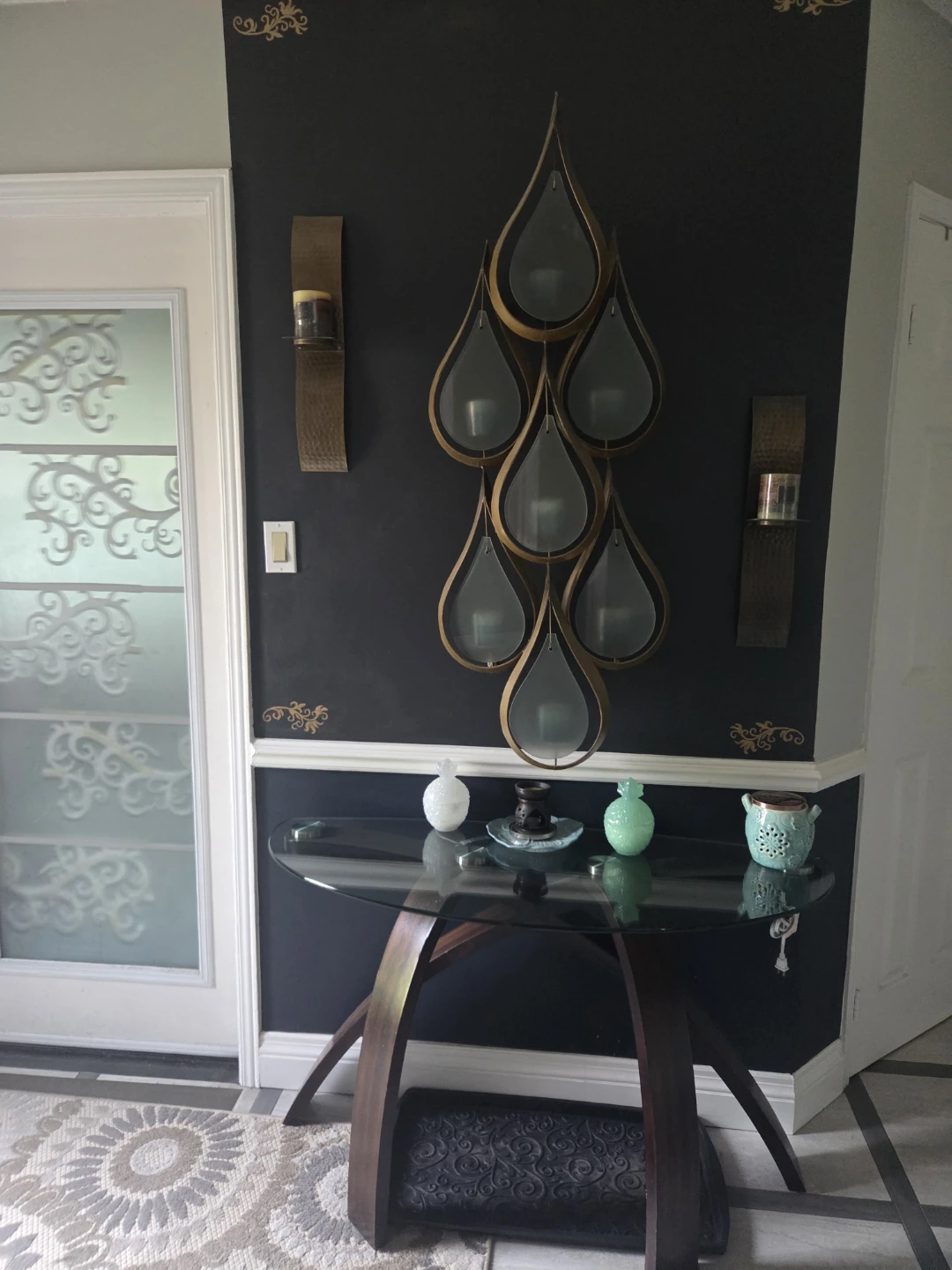 Glass top console table with wood base