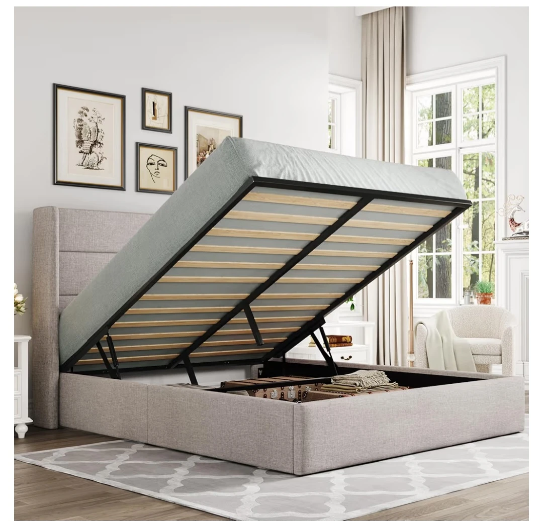 Queen Size Lift Up Hydraulic Storage Bed Frame Light Beige