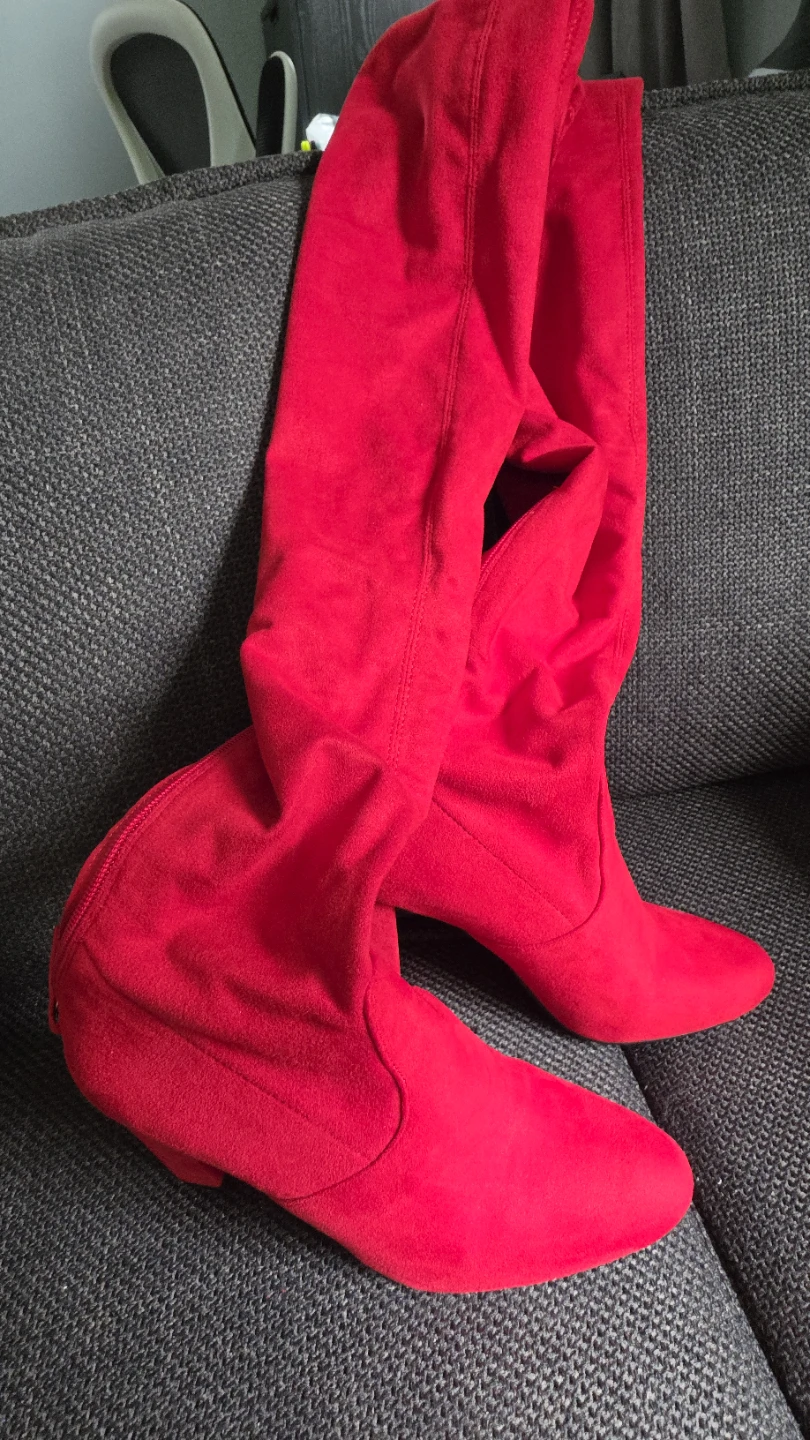 Red suede-look over-the-knee boots - photo 5