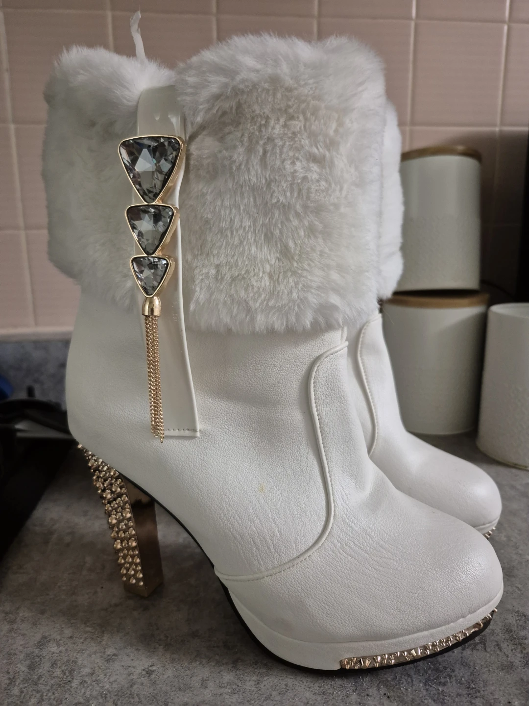 White Faux Fur High-Heel Boots