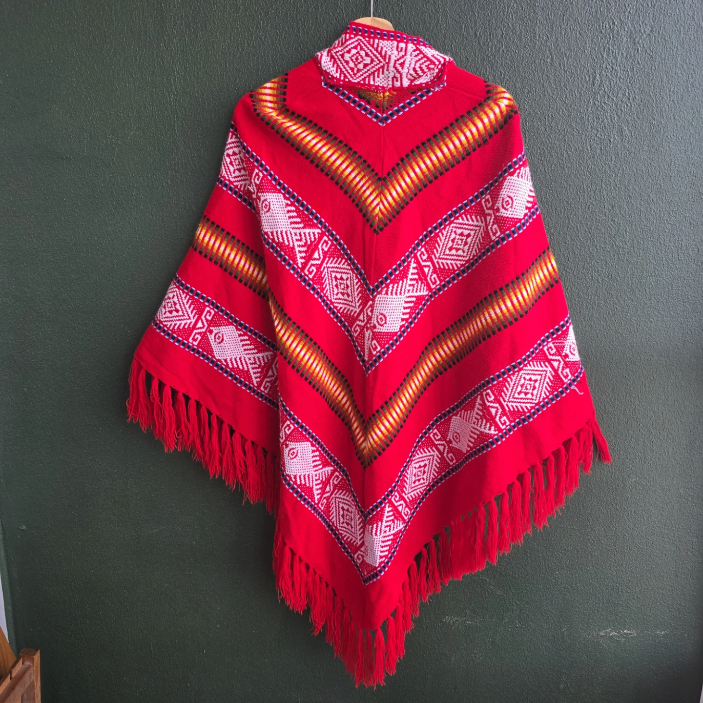 Handmade Red Patterned Fringe Poncho Ecuador - photo 3
