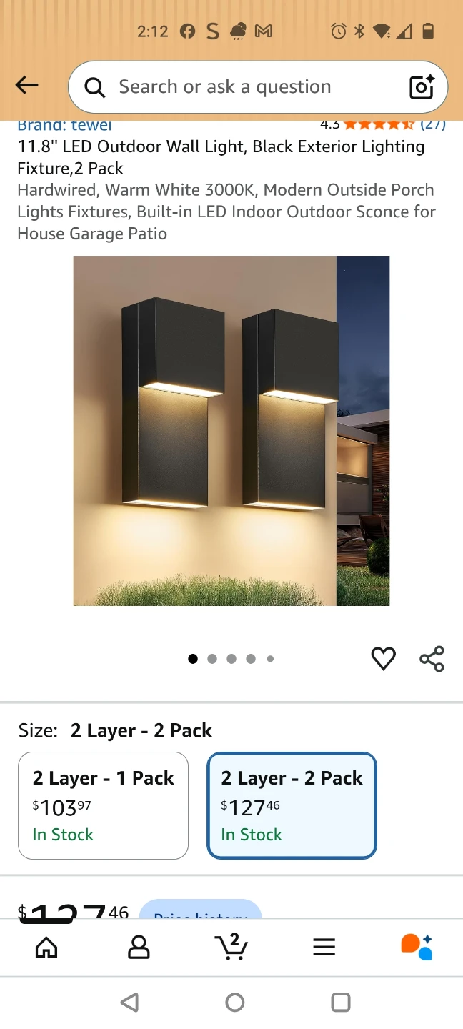 Tewel 11.8 inch LED Outdoor Wall Lights - 2 Pack