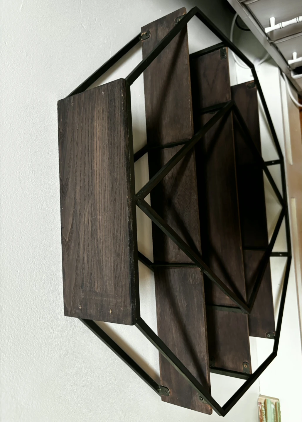 Geometric Octagon Green Metal and Dark Brown Wood Wall Shelf - photo 2