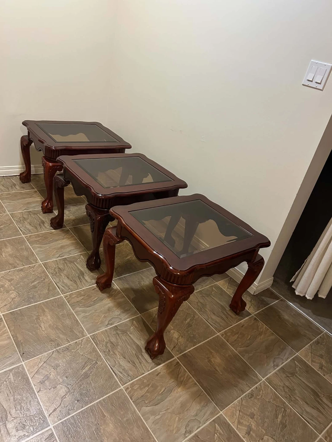 3-piece wooden end tables with glass tops, elegant set