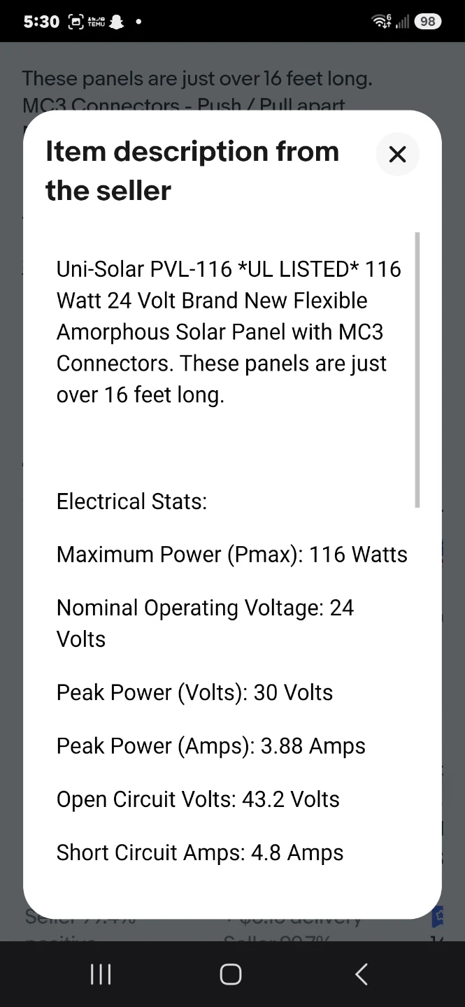 Uni-Solar PVL-116 Flexible Amorphous Solar Panel - 116 Watt - photo 5