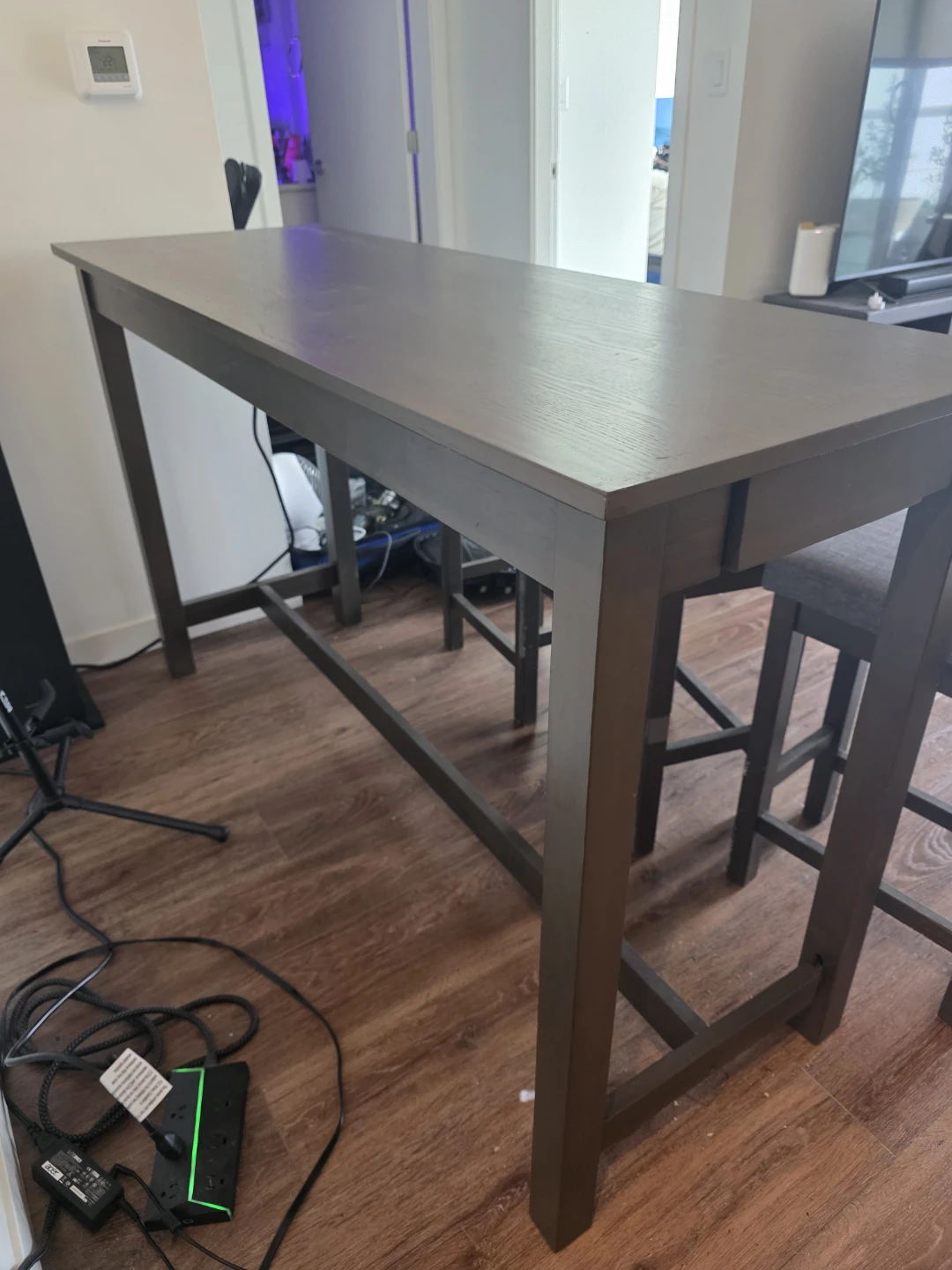 Dark Brown Narrow High Bar with stools > high  Desk with Drawer